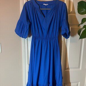 Women's Amellia Blue Mdid Dress - Puff Sleeve Elastic Waist Ruffle Hem - Medium